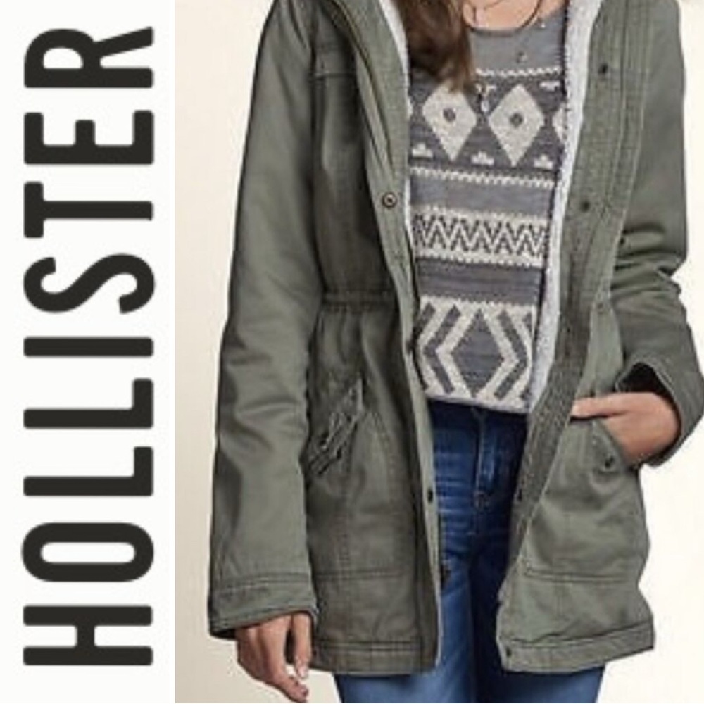 Hollister Jack Creek Sherpa Lined Utility Cargo Jacket Olive Green w/Hood Sz M